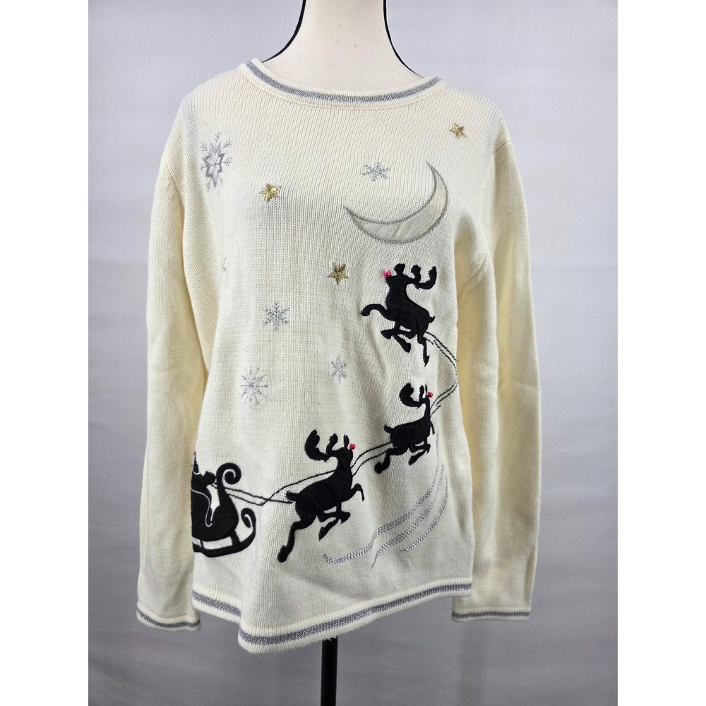 White Stag Womens Christmas Sweater Ivory Reindeer Santa Sleigh Metallic Large